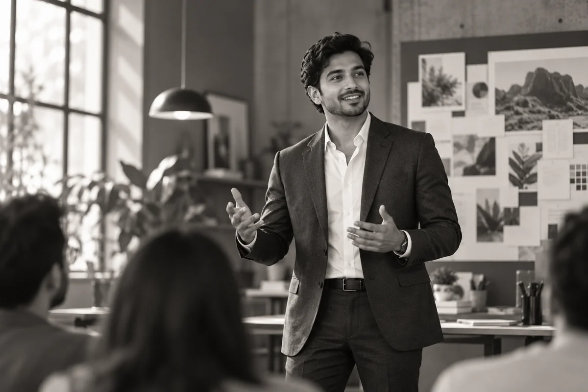 Illustrative business presentation in a modern studio