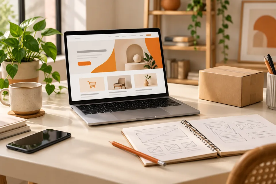 Website planning workspace with laptop, wireframes and a product parcel